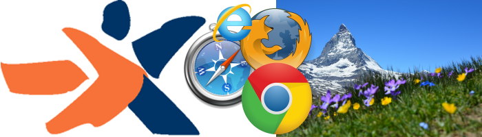 Collage aus dem Logo der Stiftung Zugang für alle, vier Icons der gängigen Browser und ein Foto des Matterhorns