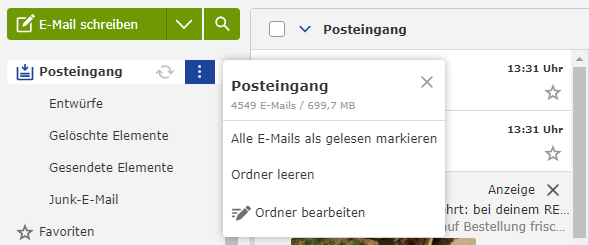 Screenshot: Bearbeitungsfunktionen in einem Popover für einen Email-Posteingang